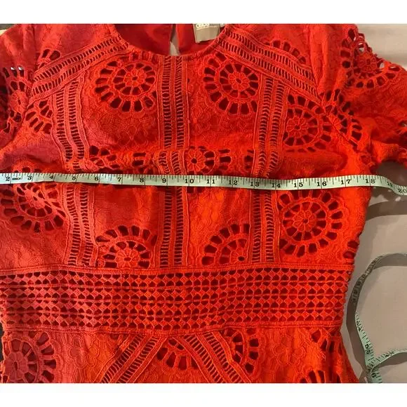 ASOS Design Red Short Sleeve Red Lace Pleated  Paneled Midi Open Back Dress sz 8 - Picture 7 of 8
